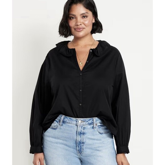 Old Navy Ruffle Button Down Shirt Sz XL Black - Picture 1 of 10